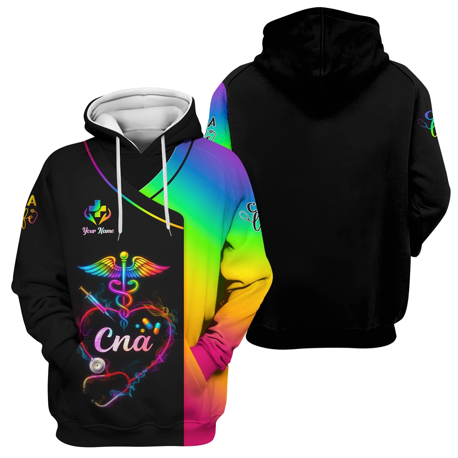 Custom Rainbow CNA Nurse Shirt - Stethoscope Heart & Caduceus Design - Gift for RN LPN Healthcare Workers