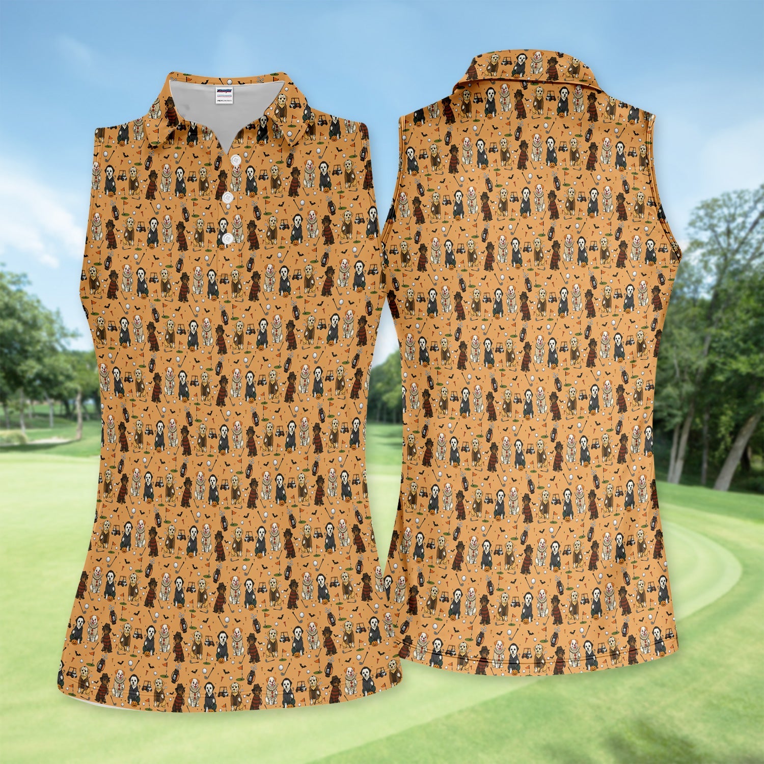 Funny Horror Dog Golf Pattern Shirt, Spooky Movie Dog Golf Shirt For Women, Halloween Golfer Gift