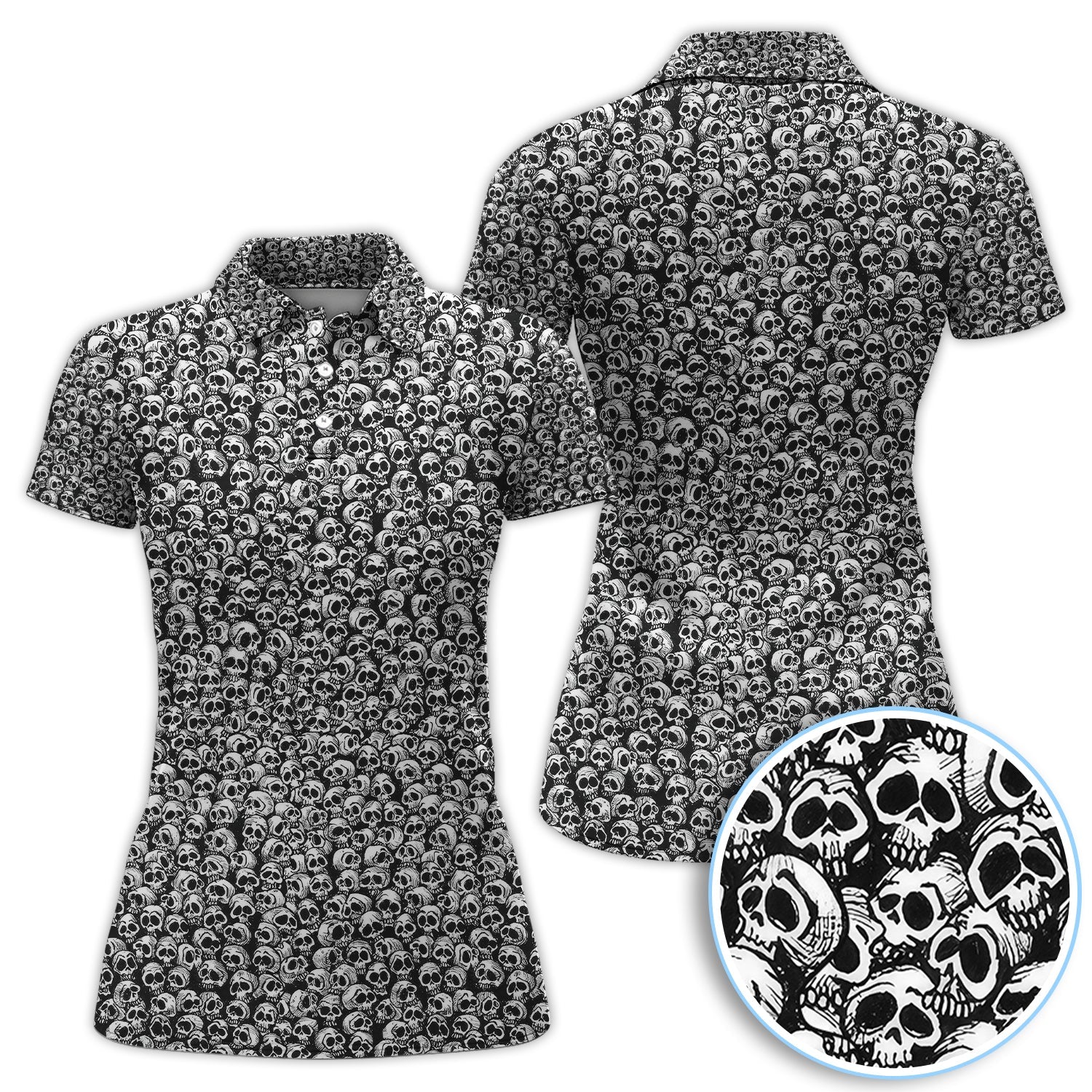 Gothic Skull Pattern Golf Shirt, Dark Skeleton Print Polo Shirt, Halloween Style Shirt