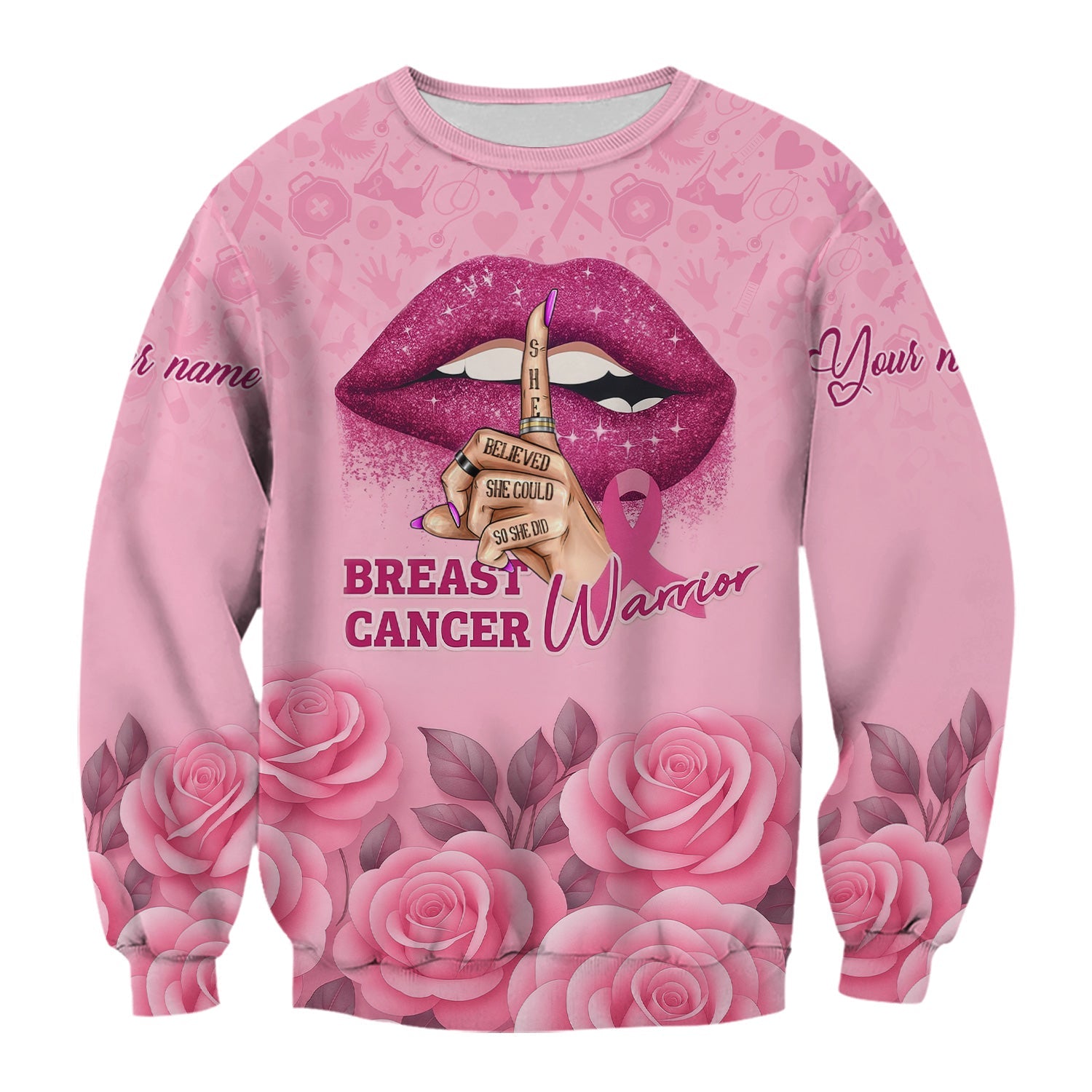 Personalized Breast Cancer Warrior Shirt - She Believed She Could Pink Ribbon Design - Gift for Women RN LPN CNA