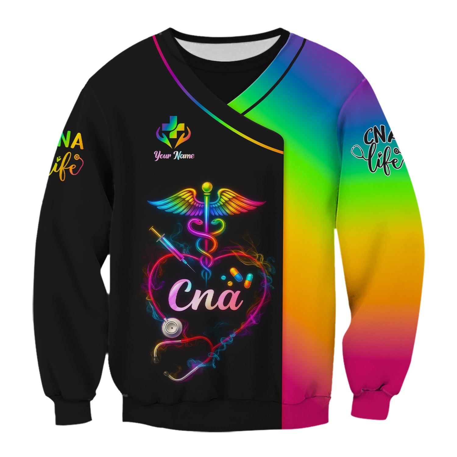 Custom Rainbow CNA Nurse Shirt - Stethoscope Heart & Caduceus Design - Gift for RN LPN Healthcare Workers