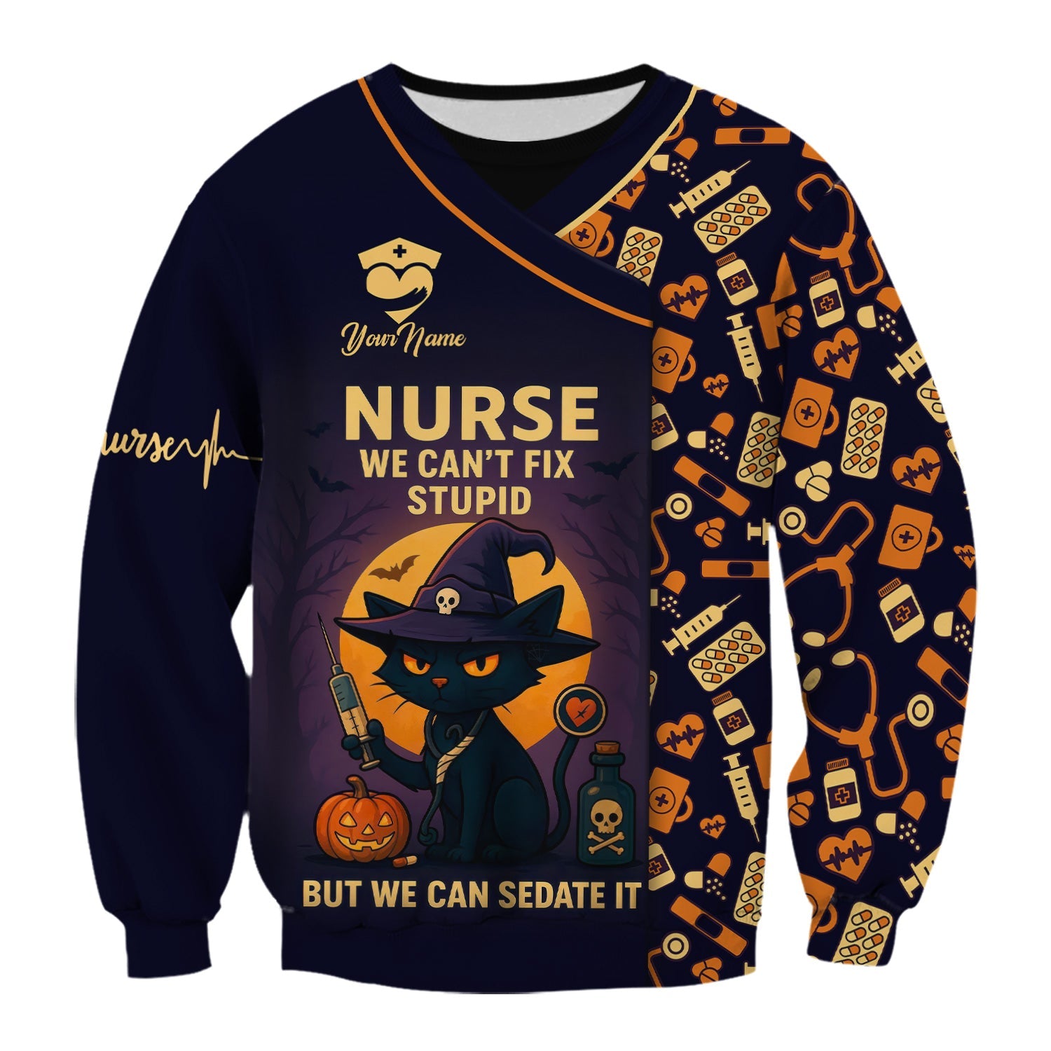 Personalized We Can't Fix Stupid Nurse Shirt - Spooky Black Cat Halloween Design - Custom Name Medical Gift for RN CNA Women