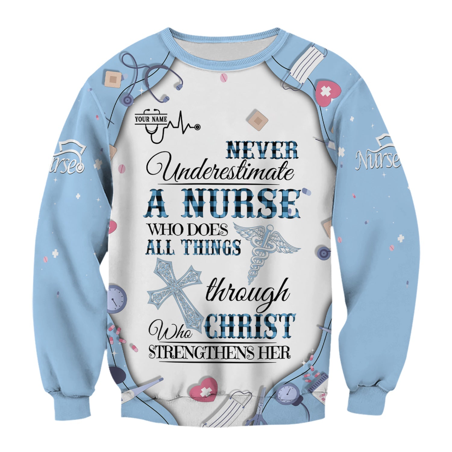 Personalized Christian Nurse Shirt for Women - All Things Through Christ Quote - Faith Medical Gift for RN LPN CNA Healthcare Workers