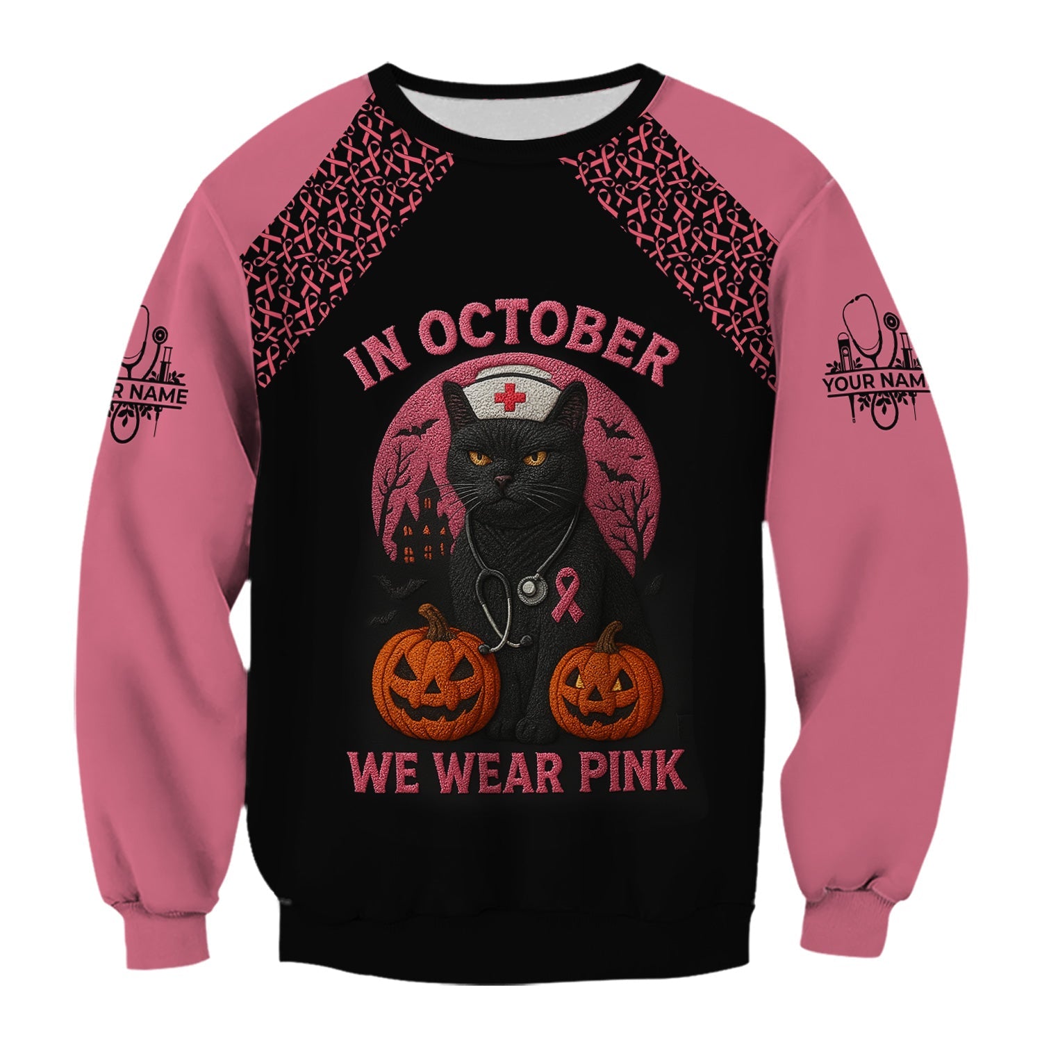 Custom Breast Cancer Awareness Nurse Shirt - In October We Wear Pink Halloween Cat Tee - CNA RN LPN Nursing Apparel Gift