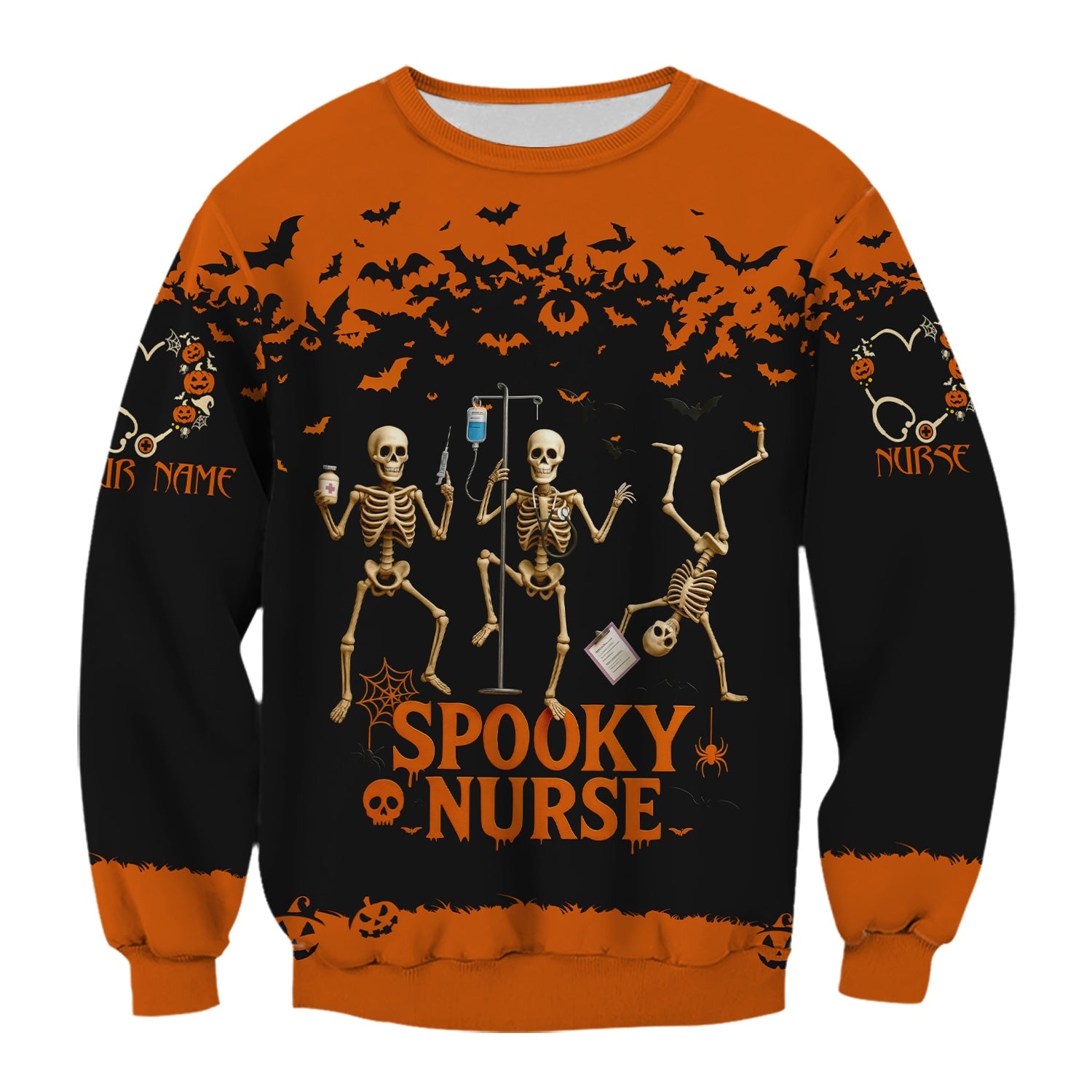 Spooky Nurse Halloween Shirt - Funny Skeleton Medical Scrub Top for RN CNA - Custom Name All Over Print Gift for Nurses