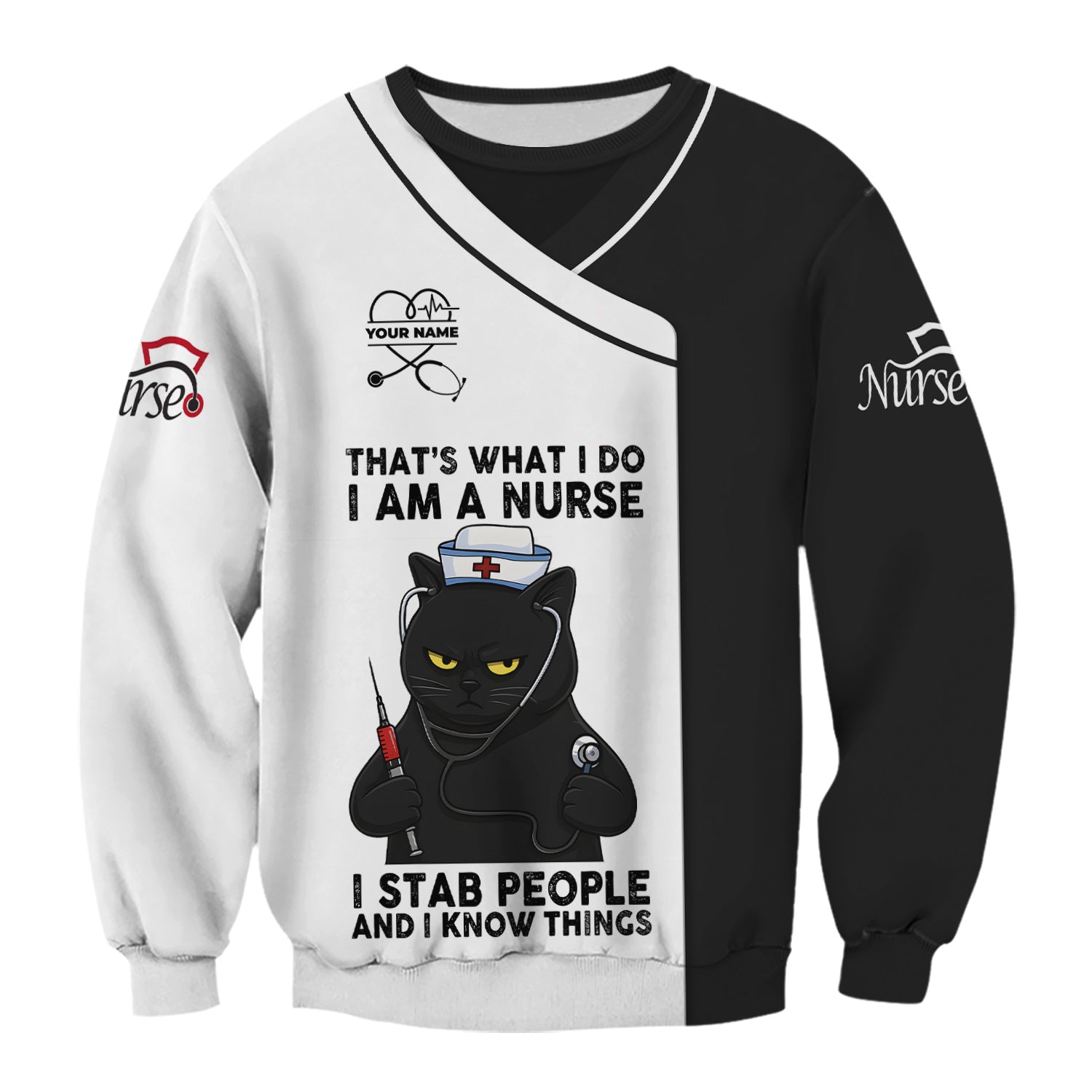 Personalized Grumpy Black Cat Nurse Shirt - Funny Syringe & Stethoscope Graphic Tee - Gift for Women RN LPN & Healthcare Workers