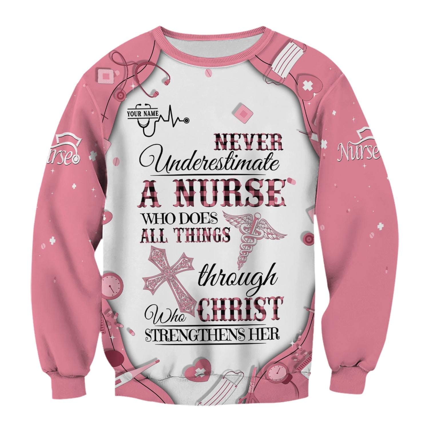 Personalized Christian Nurse Shirt - All Things Through Christ Quote - Faith-Based Medical Gift for RN, LPN, CNA Healthcare Workers