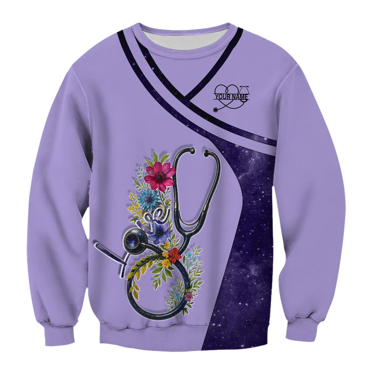 Custom Nurse Love T-Shirt - Floral Stethoscope & Galaxy Design - Personalized Gift for RN LPN CNA Healthcare Professionals