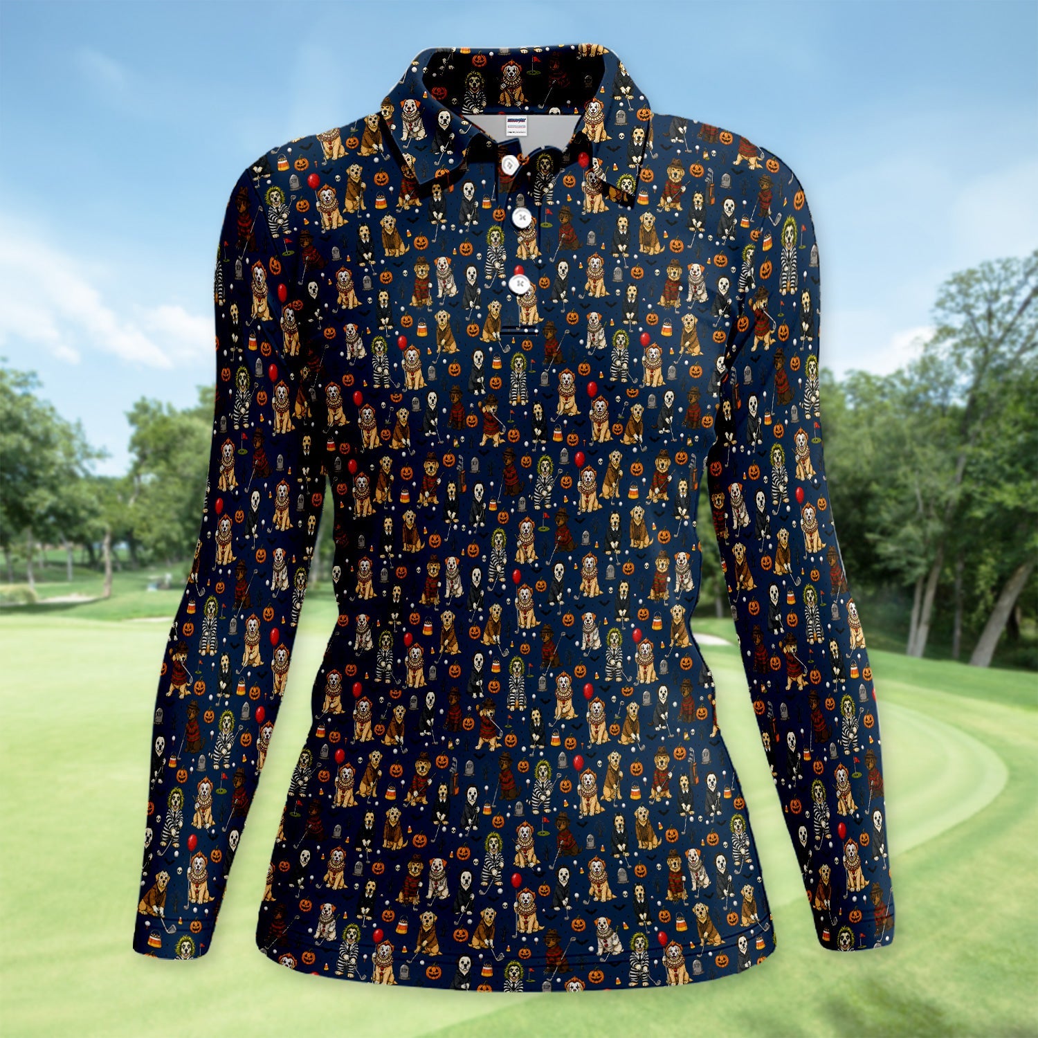 Funny Horror Dog Halloween Golf Pattern Shirt, Spooky Movie Dog Golf Shirt For Women, Halloween Golfer Gift
