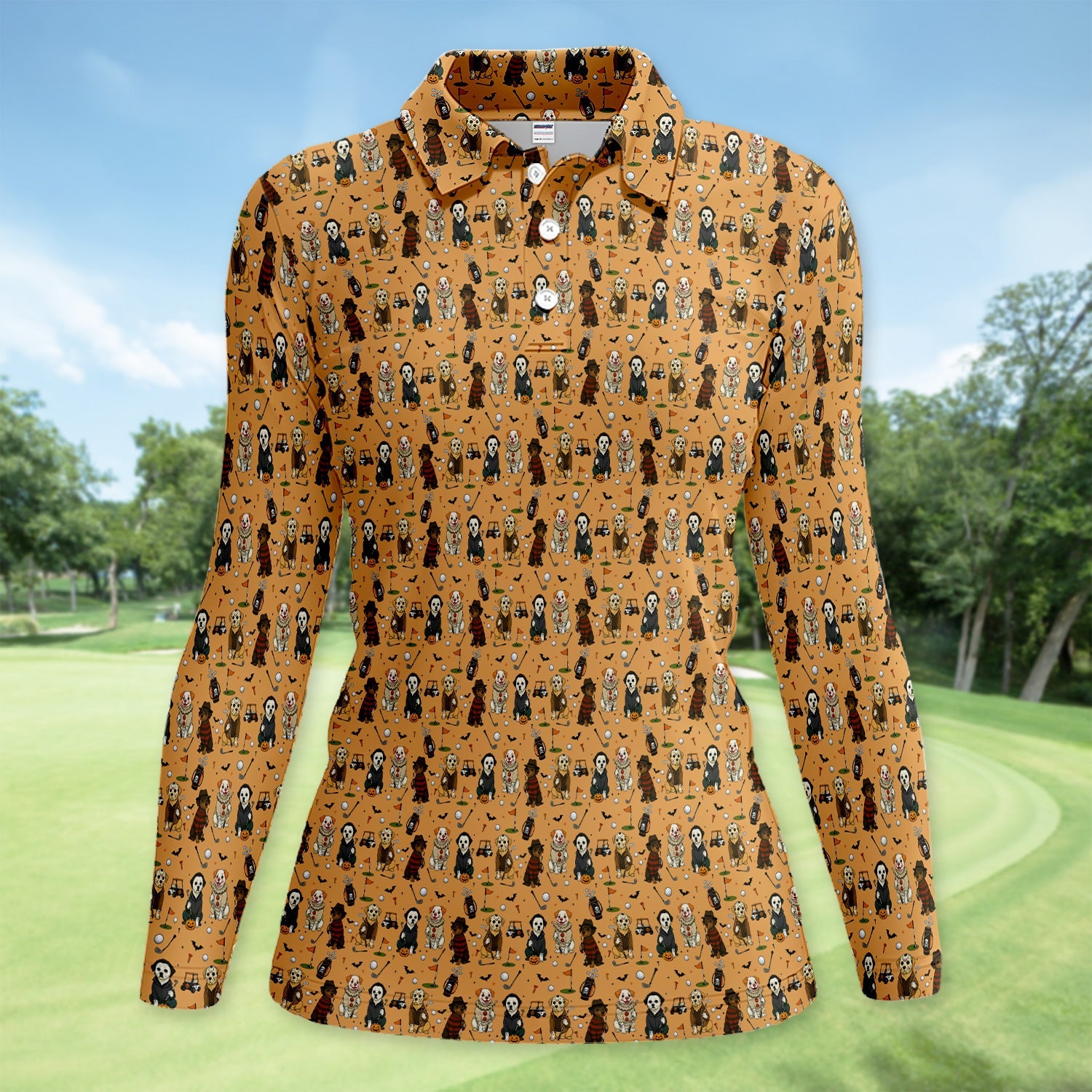 Funny Horror Dog Golf Pattern Shirt, Spooky Movie Dog Golf Shirt For Women, Halloween Golfer Gift