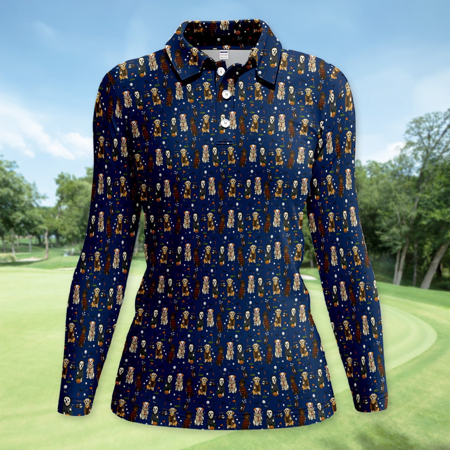 Funny Horror Dog Halloween Golf Pattern Shirt, Spooky Dog Golf Polo For Women, Halloween Golfer Gift