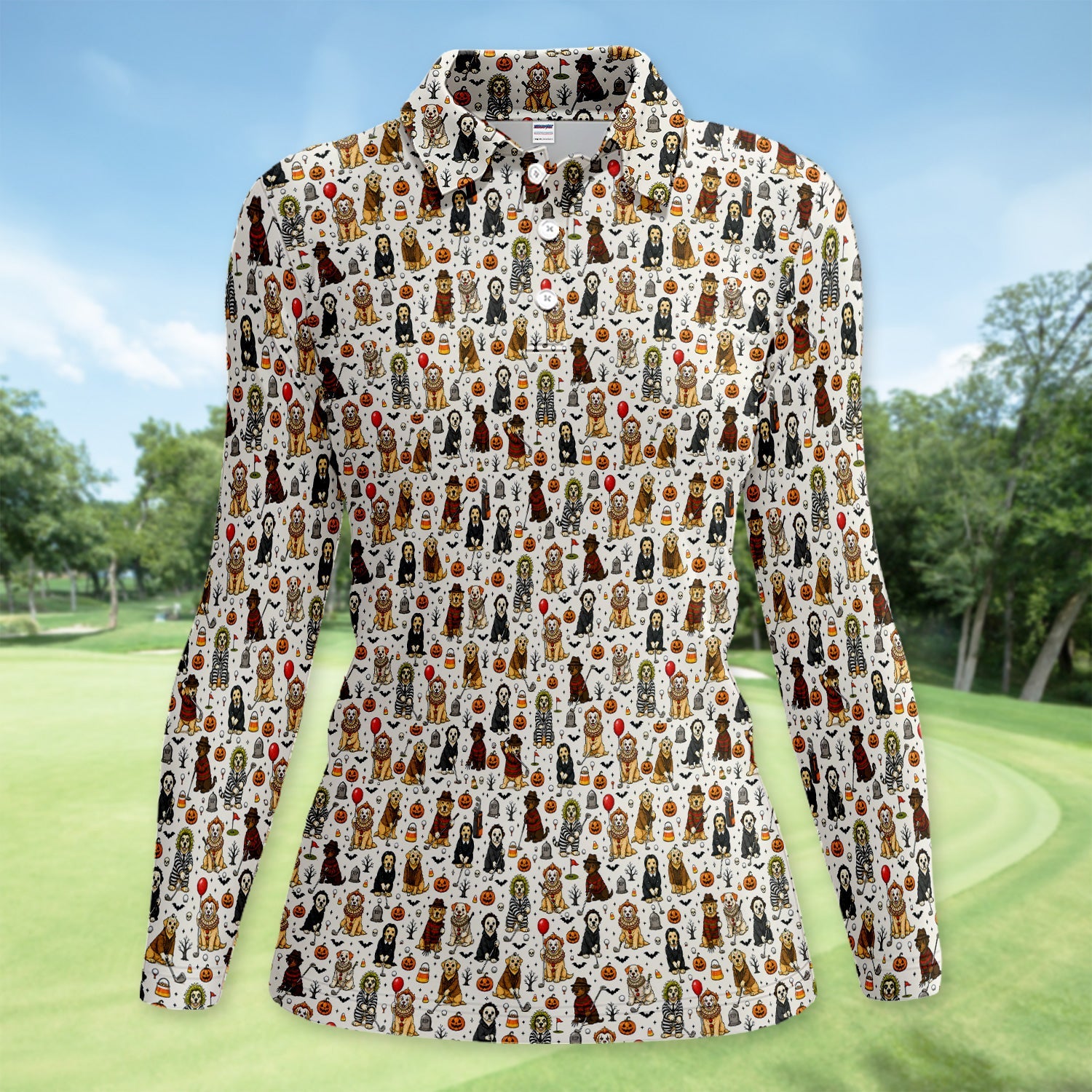 Funny Horror Dog Halloween Golf Pattern Shirt, Spooky Movie Dog Golf Shirt For Women, Halloween Golf Gift