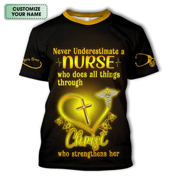 Personalized Christian Nurse Shirt for Women - All Things Through Christ with Cross & Butterflies - Custom Gift for RN LPN CNA Caregivers