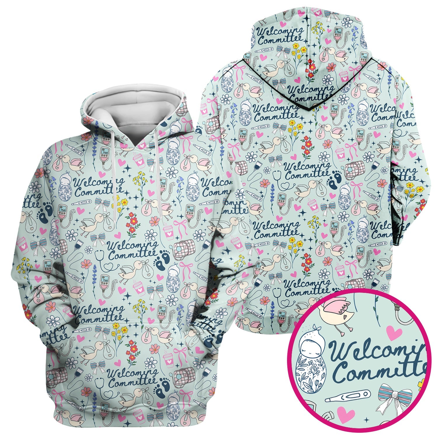 Funny NICU Nurse Tee - Cute Baby Feet & Floral Stork Pattern Graphic - Gift for Women RN LPN