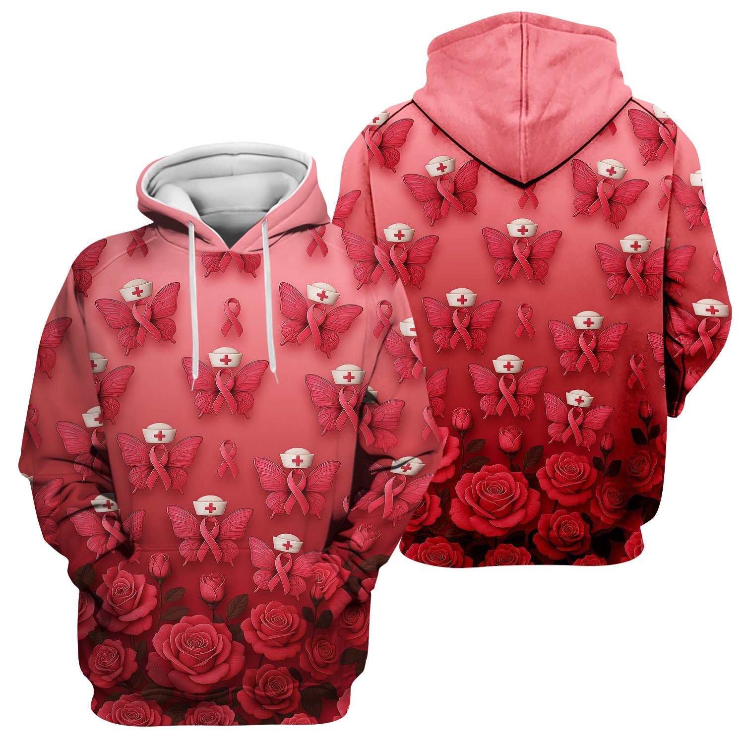 Custom Breast Cancer Awareness Nurse Shirt - Pink Ribbon Butterfly Nurse & Rose Floral Design - RN LPN CNA Gift