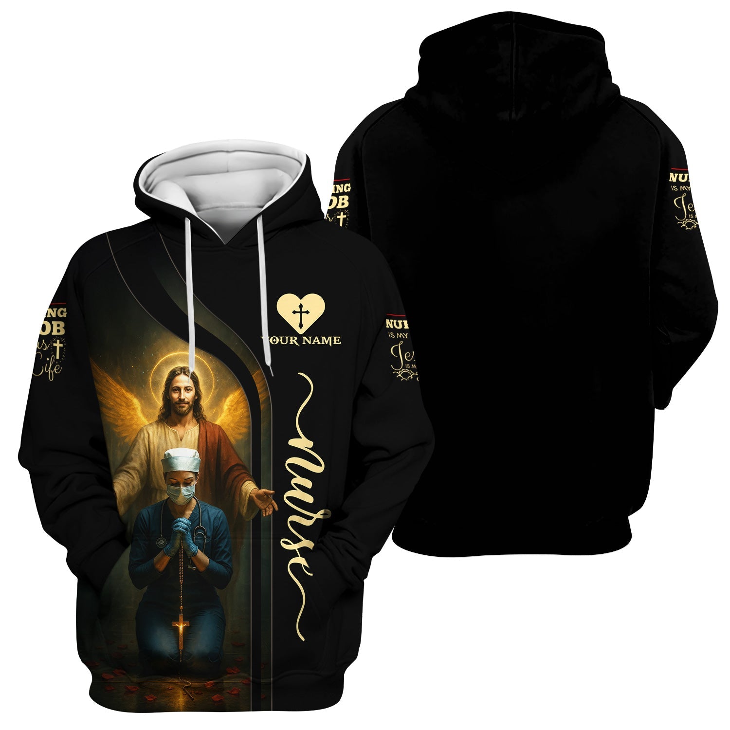 Personalized Christian Nurse Shirt - Jesus and Praying Nurse with Rosary Design - RN LPN CNA Healthcare Workers Gift
