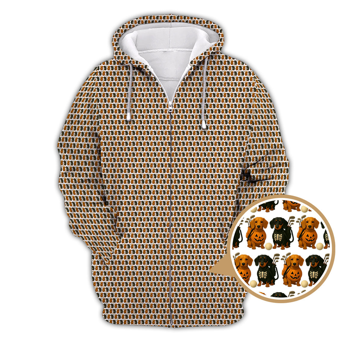 Halloween Golf Shirt, Dachshund Pattern Golf Shirt With Pumpkin And Skeleton, Funny Golf Shirt For Golfer, Dog Golf Shirt