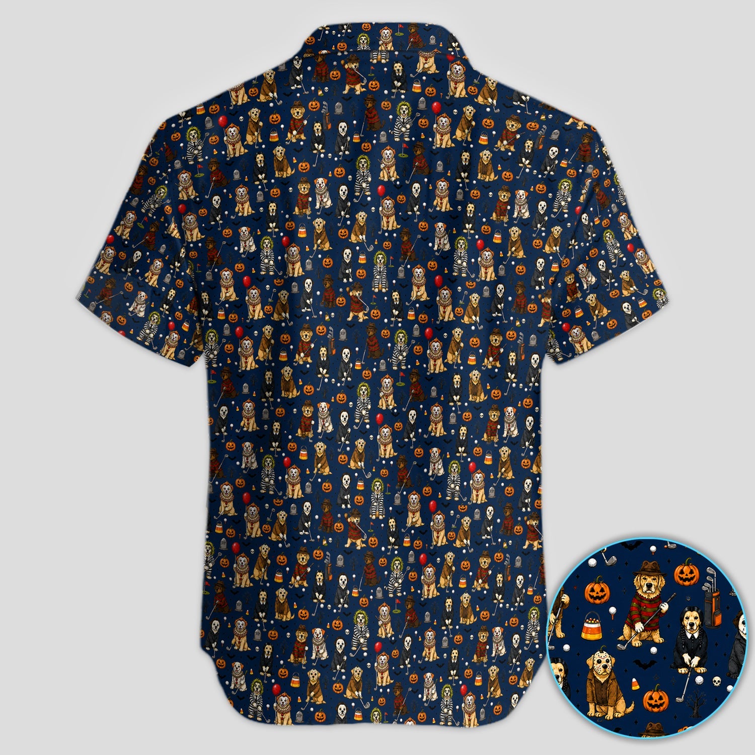 Funny Horror Dog Halloween Golf Pattern Shirt, Spooky Movie Dog Golf Shirt For Men, Halloween Golfer Gift