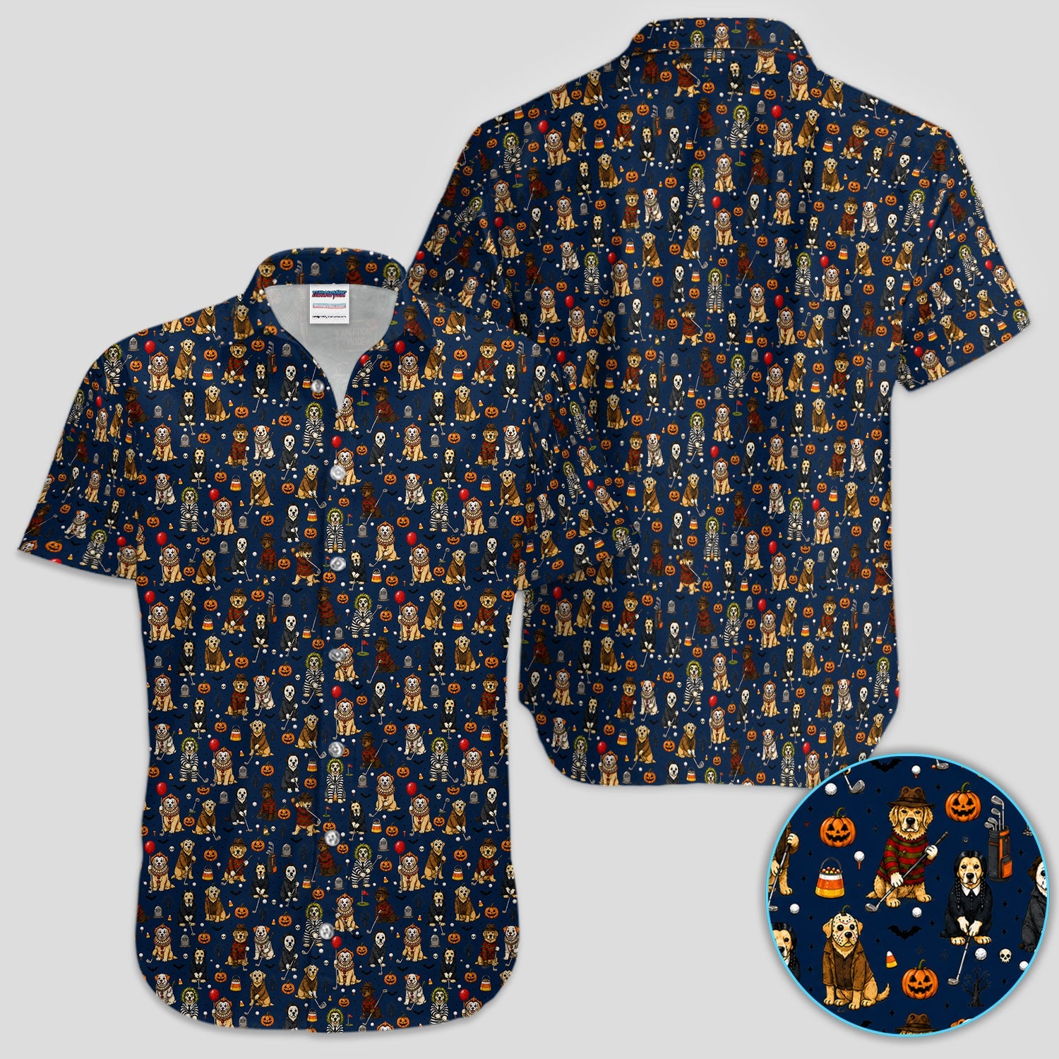 Funny Horror Dog Halloween Golf Pattern Shirt, Spooky Movie Dog Golf Shirt For Men, Halloween Golfer Gift