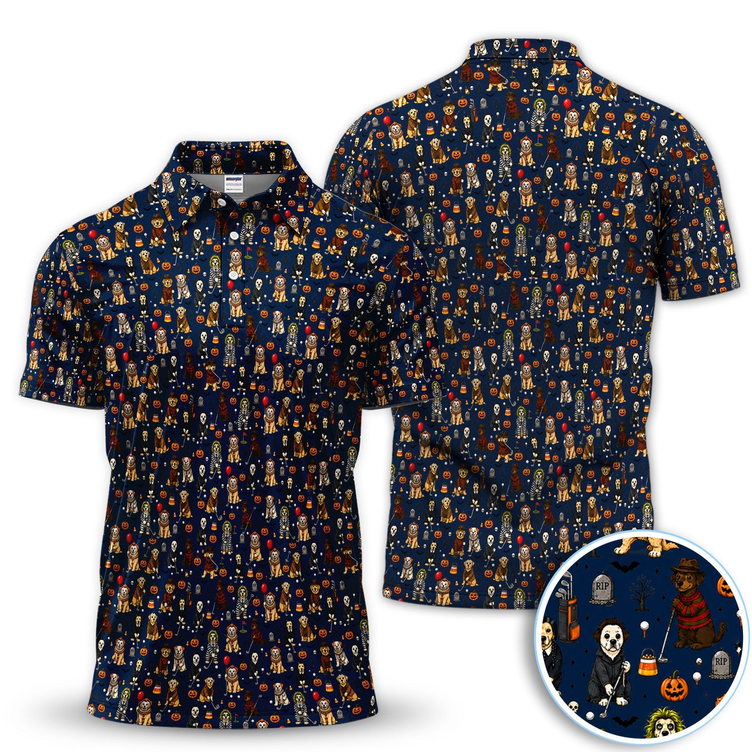 Funny Horror Dog Halloween Golf Pattern Shirt, Spooky Movie Dog Golf Shirt For Men, Halloween Golfer Gift