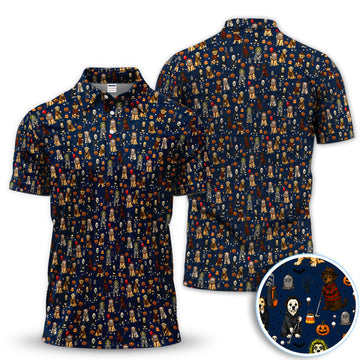 Funny Horror Dog Halloween Golf Pattern Shirt, Spooky Movie Dog Golf Shirt For Men, Halloween Golfer Gift
