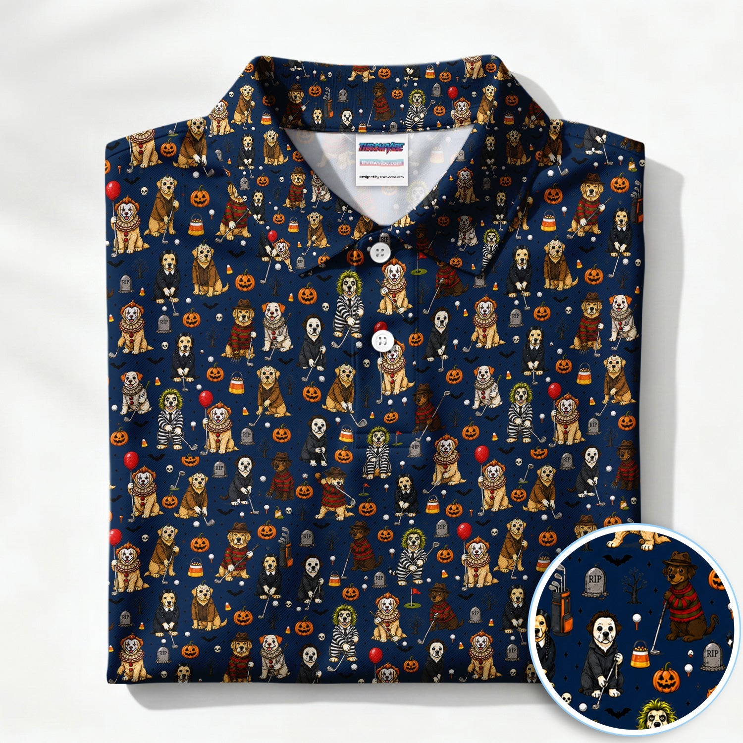 Funny Horror Dog Halloween Golf Pattern Shirt, Spooky Movie Dog Golf Shirt For Men, Halloween Golfer Gift