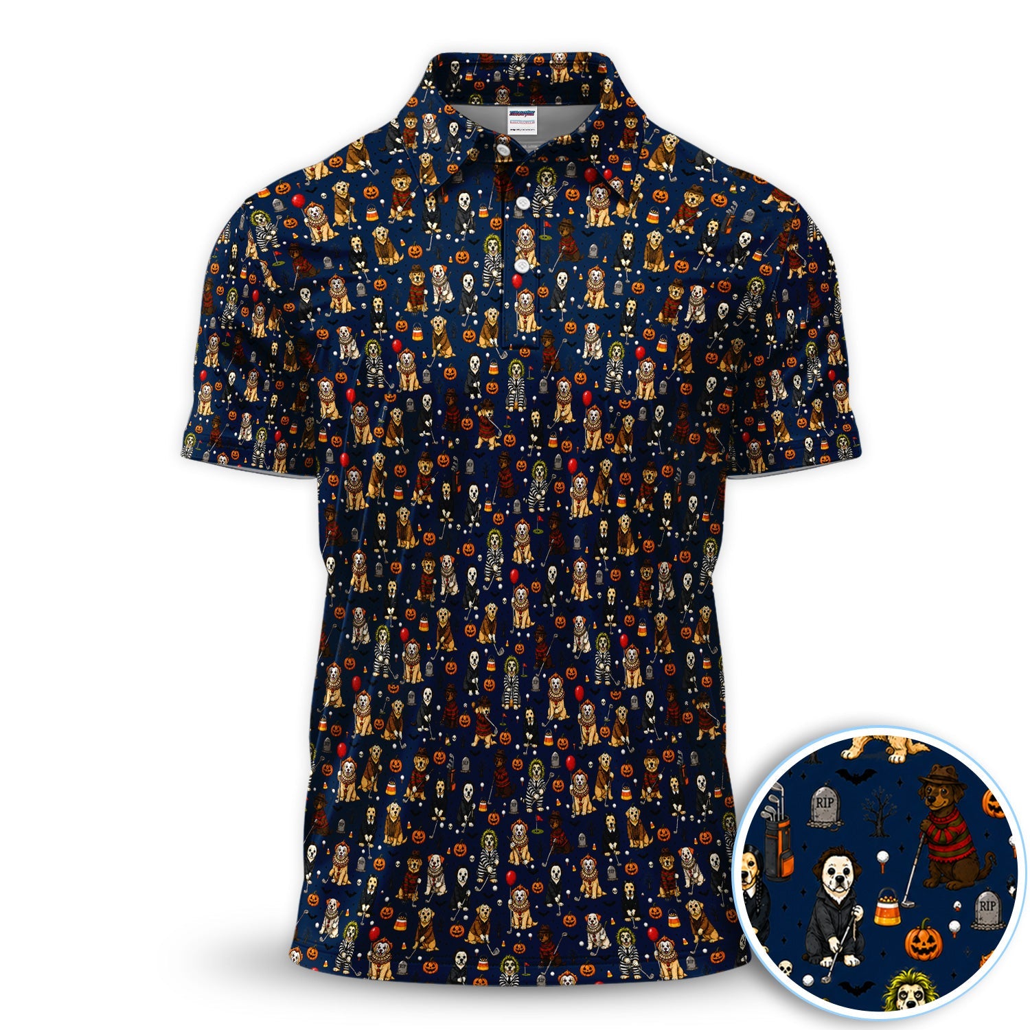 Funny Horror Dog Halloween Golf Pattern Shirt, Spooky Movie Dog Golf Shirt For Men, Halloween Golfer Gift