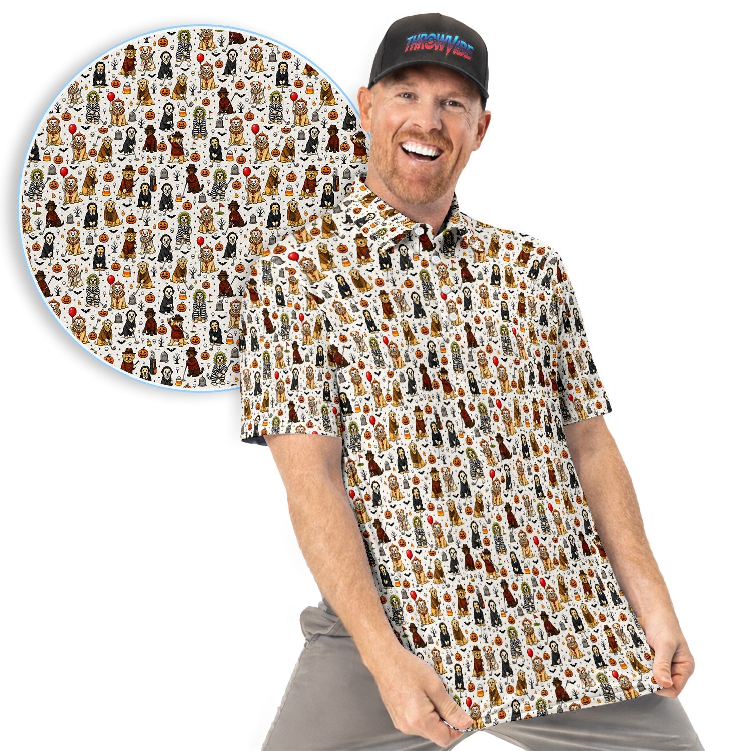 Funny Horror Dog Halloween Golf Pattern Shirt, Spooky Movie Dog Golf Shirt For Men, Halloween Golf Gift