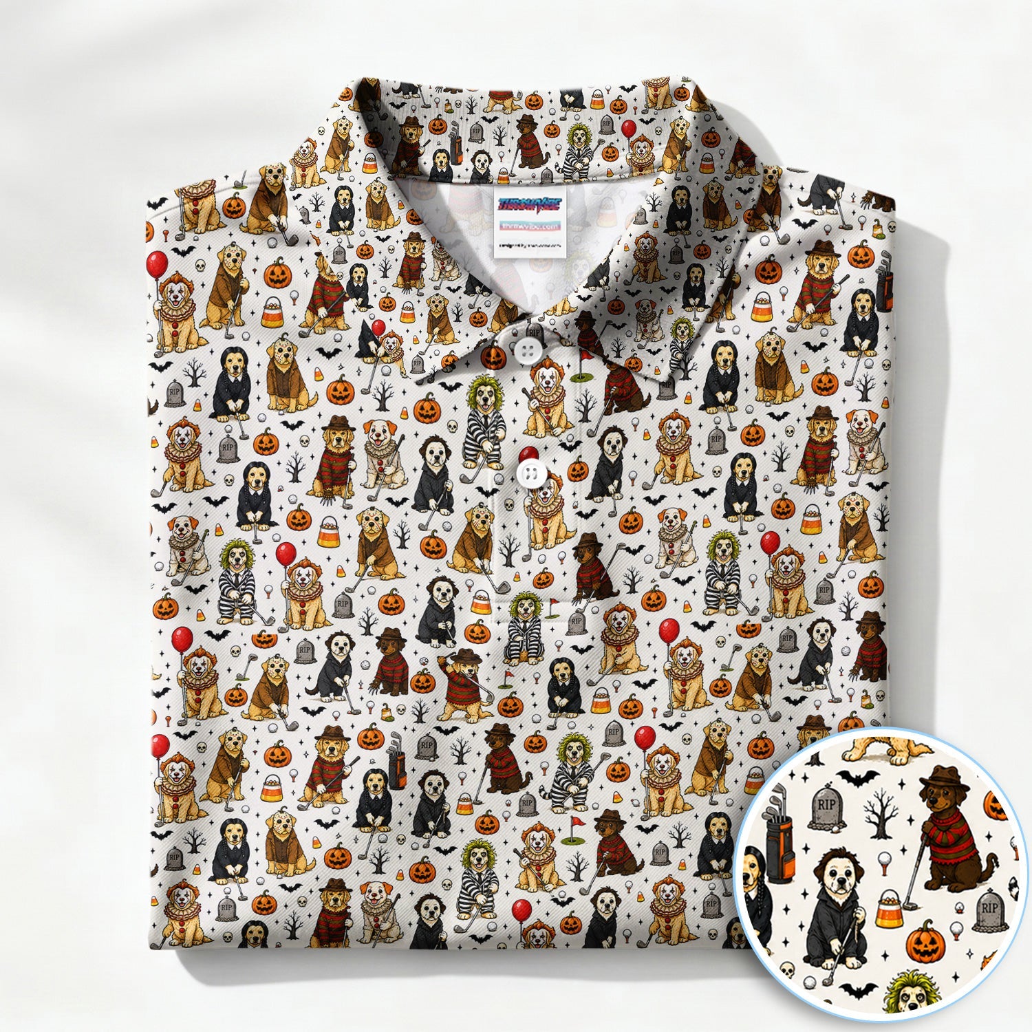 Funny Horror Dog Halloween Golf Pattern Shirt, Spooky Movie Dog Golf Shirt For Men, Halloween Golf Gift