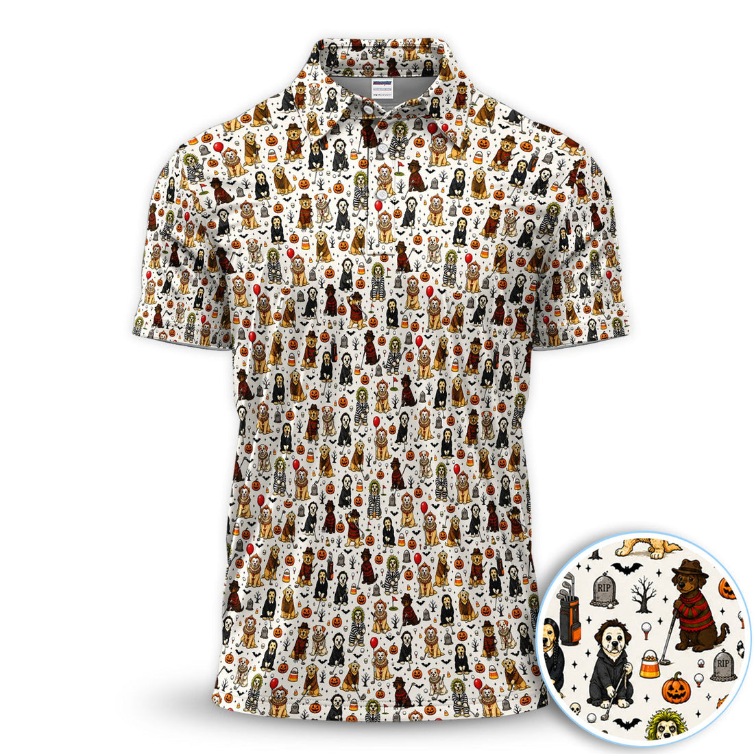 Funny Horror Dog Halloween Golf Pattern Shirt, Spooky Movie Dog Golf Shirt For Men, Halloween Golf Gift