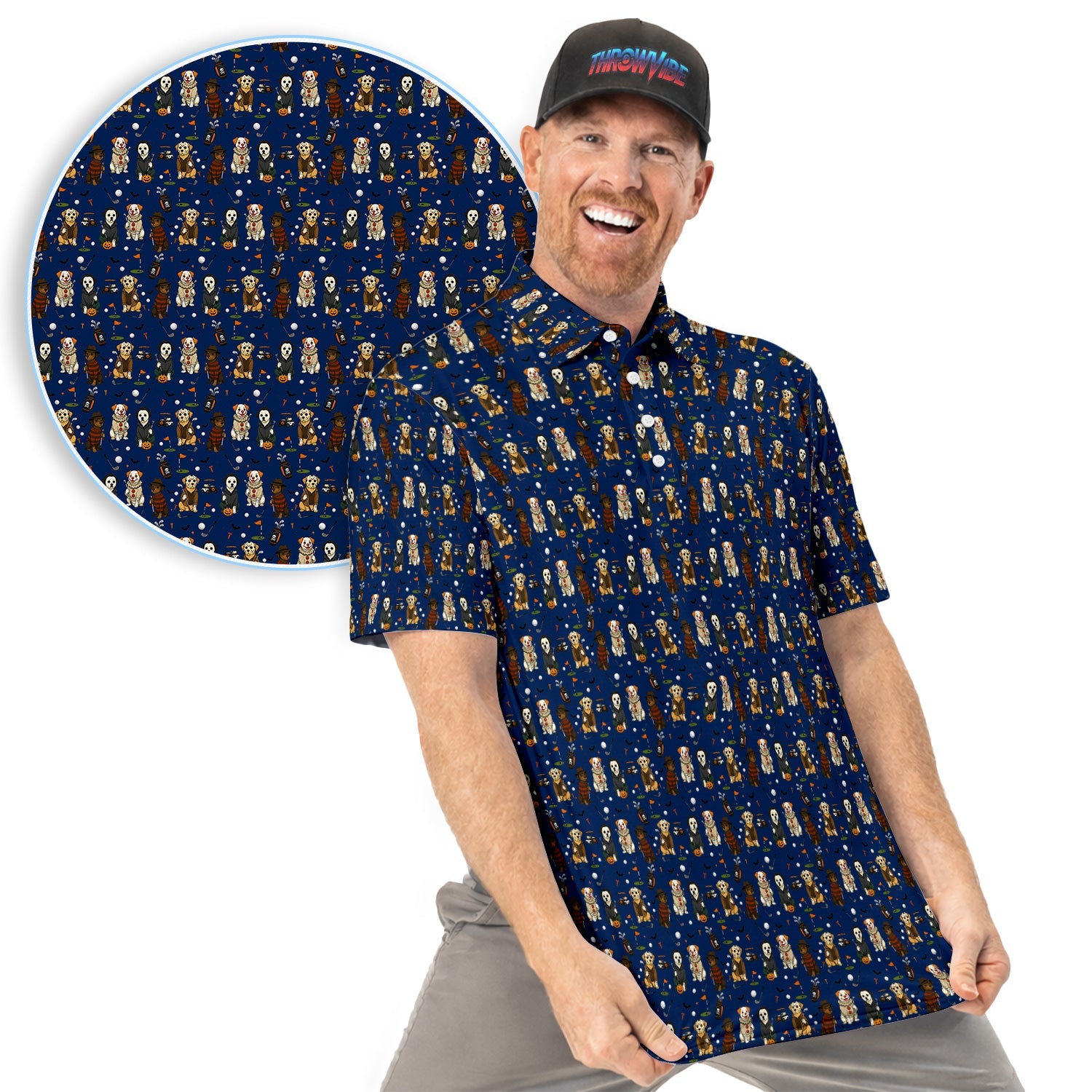 Funny Horror Dog Halloween Golf Pattern Shirt, Spooky Dog Golf Polo For Men, Halloween Golfer Gift