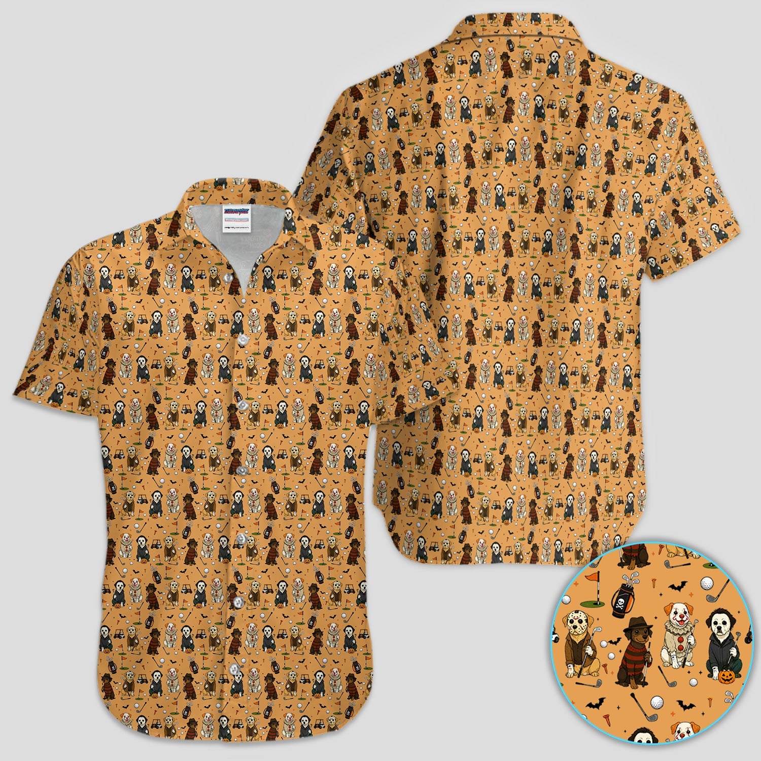 Funny Horror Dog Golf Pattern Shirt, Spooky Movie Dog Golf Shirt For Men, Halloween Golfer Gift