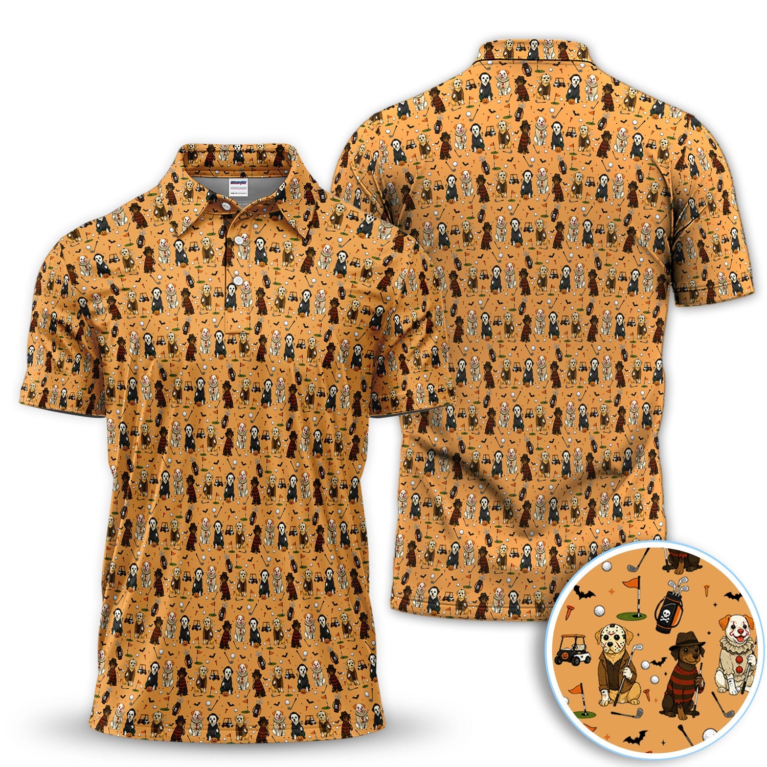 Funny Horror Dog Golf Pattern Shirt, Spooky Movie Dog Golf Shirt For Men, Halloween Golfer Gift