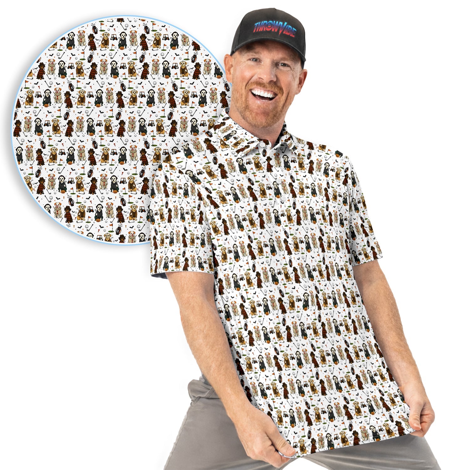 Spooky Slasher Dog Golf Pattern Shirt, Horror Pup Golf Polo For Men, Halloween Golf Lover Gift