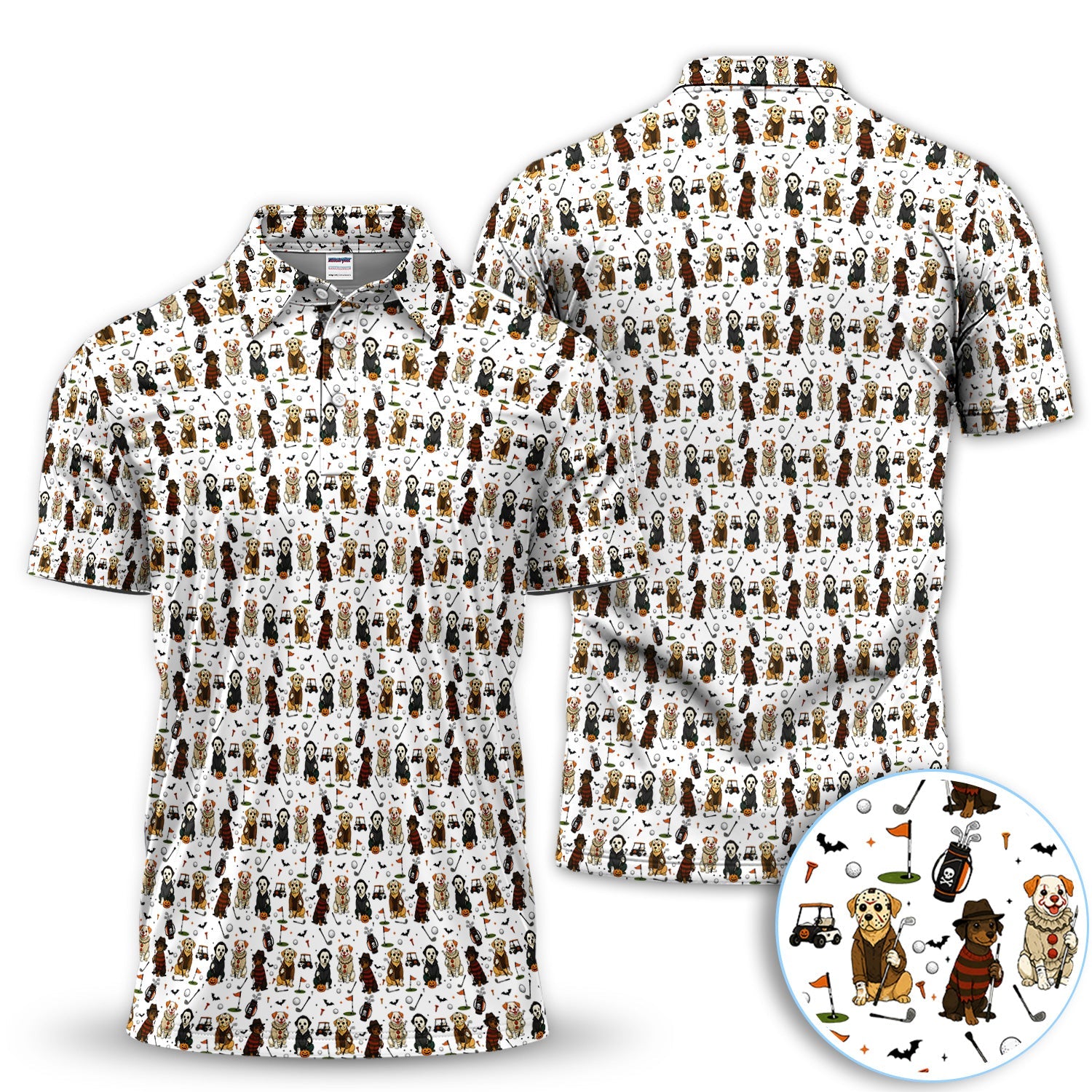 Spooky Slasher Dog Golf Pattern Shirt, Horror Pup Golf Polo For Men, Halloween Golf Lover Gift