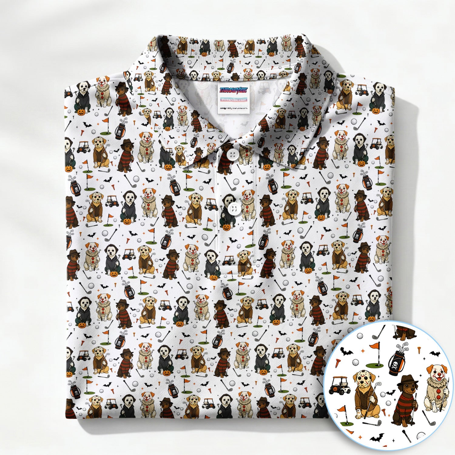 Spooky Slasher Dog Golf Pattern Shirt, Horror Pup Golf Polo For Men, Halloween Golf Lover Gift