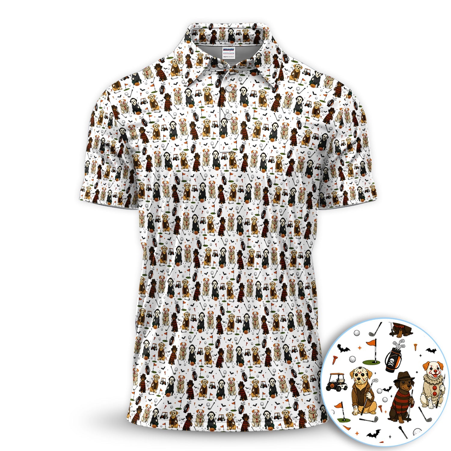 Spooky Slasher Dog Golf Pattern Shirt, Horror Pup Golf Polo For Men, Halloween Golf Lover Gift