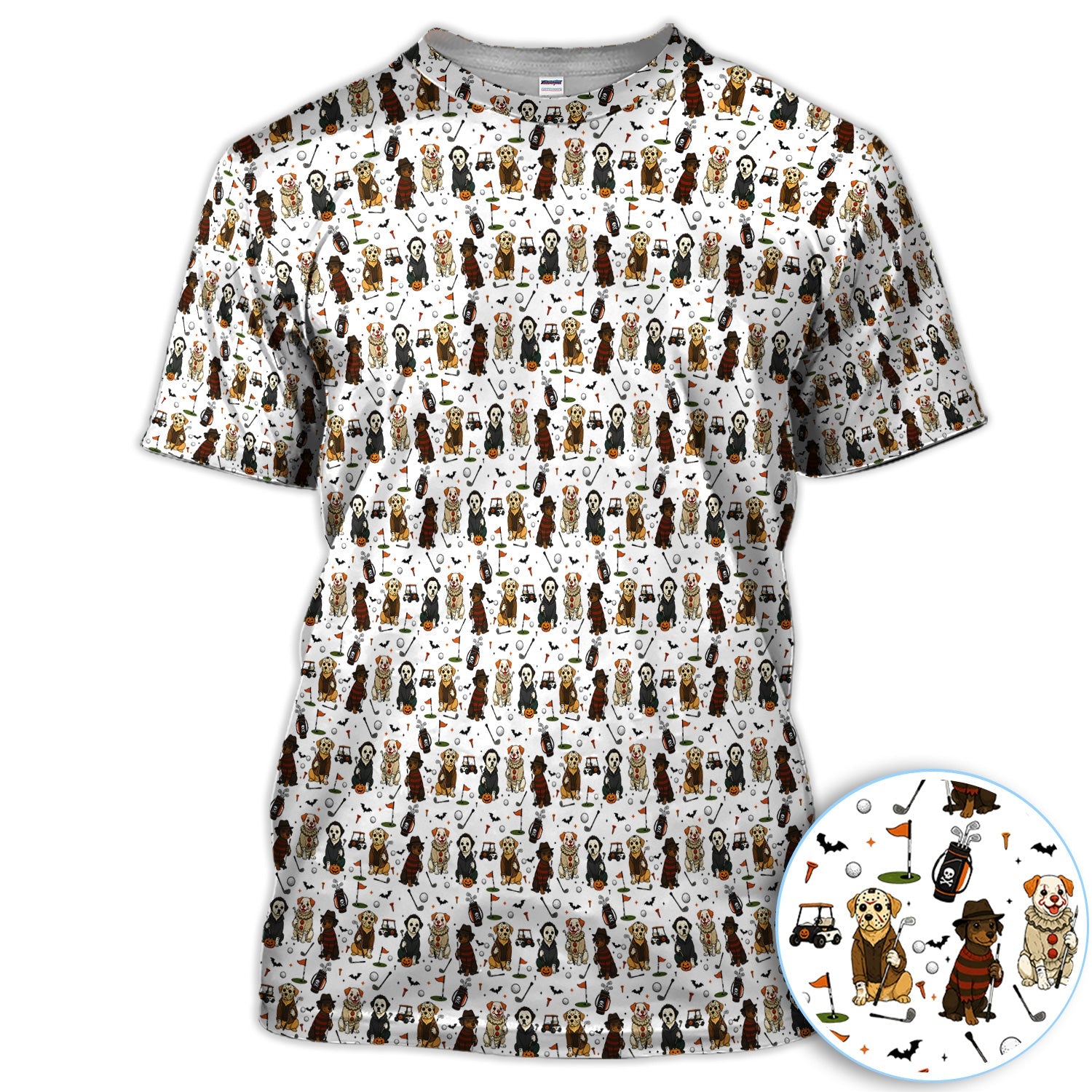 Spooky Slasher Dog Golf Pattern Shirt, Horror Pup Golf Polo For Men, Halloween Golf Lover Gift