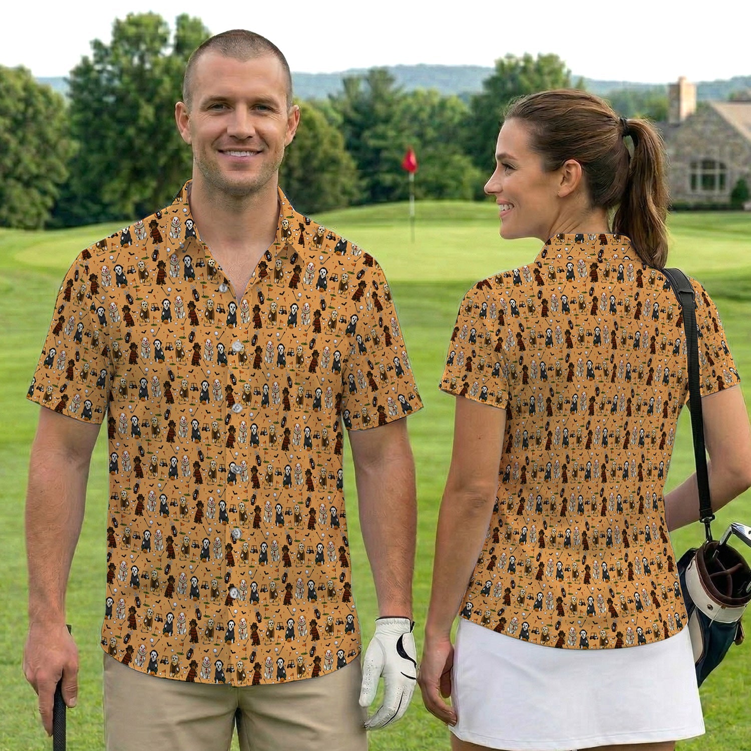 Funny Horror Dog Golf Pattern Shirt, Spooky Movie Dog Golf Shirt For Women, Halloween Golfer Gift