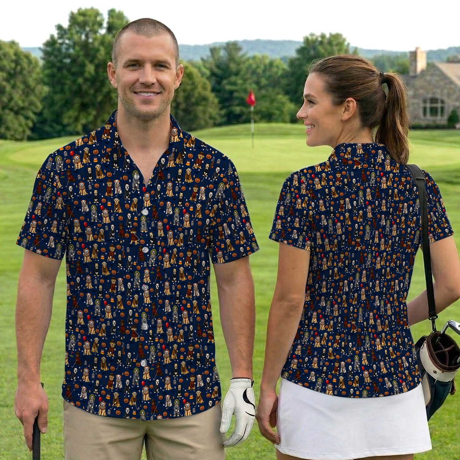 Funny Horror Dog Halloween Golf Pattern Shirt, Spooky Movie Dog Golf Shirt For Women, Halloween Golfer Gift