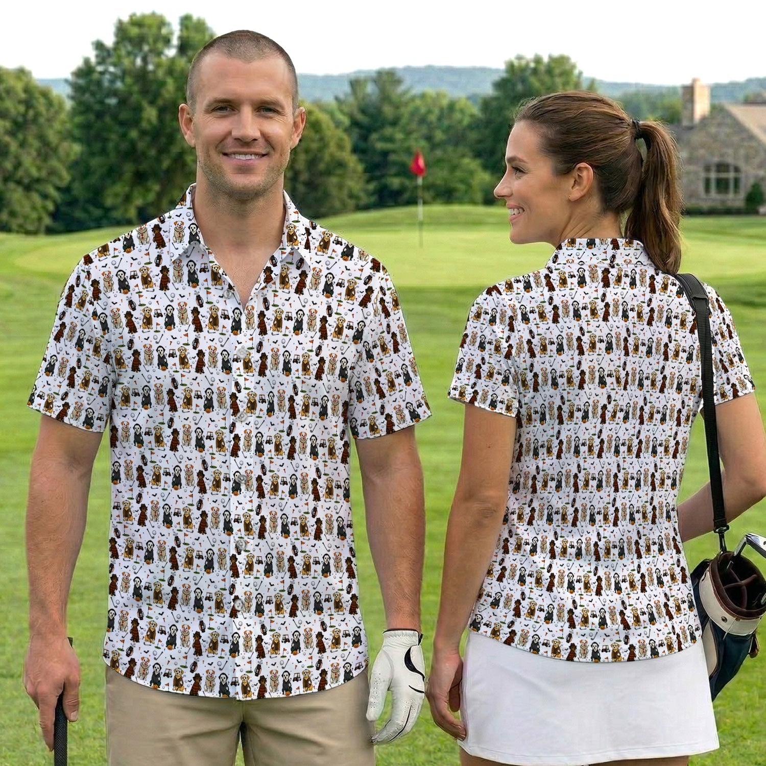 Spooky Slasher Dog Golf Pattern Shirt, Horror Pup Golf Polo For Women, Halloween Golf Lover Gift