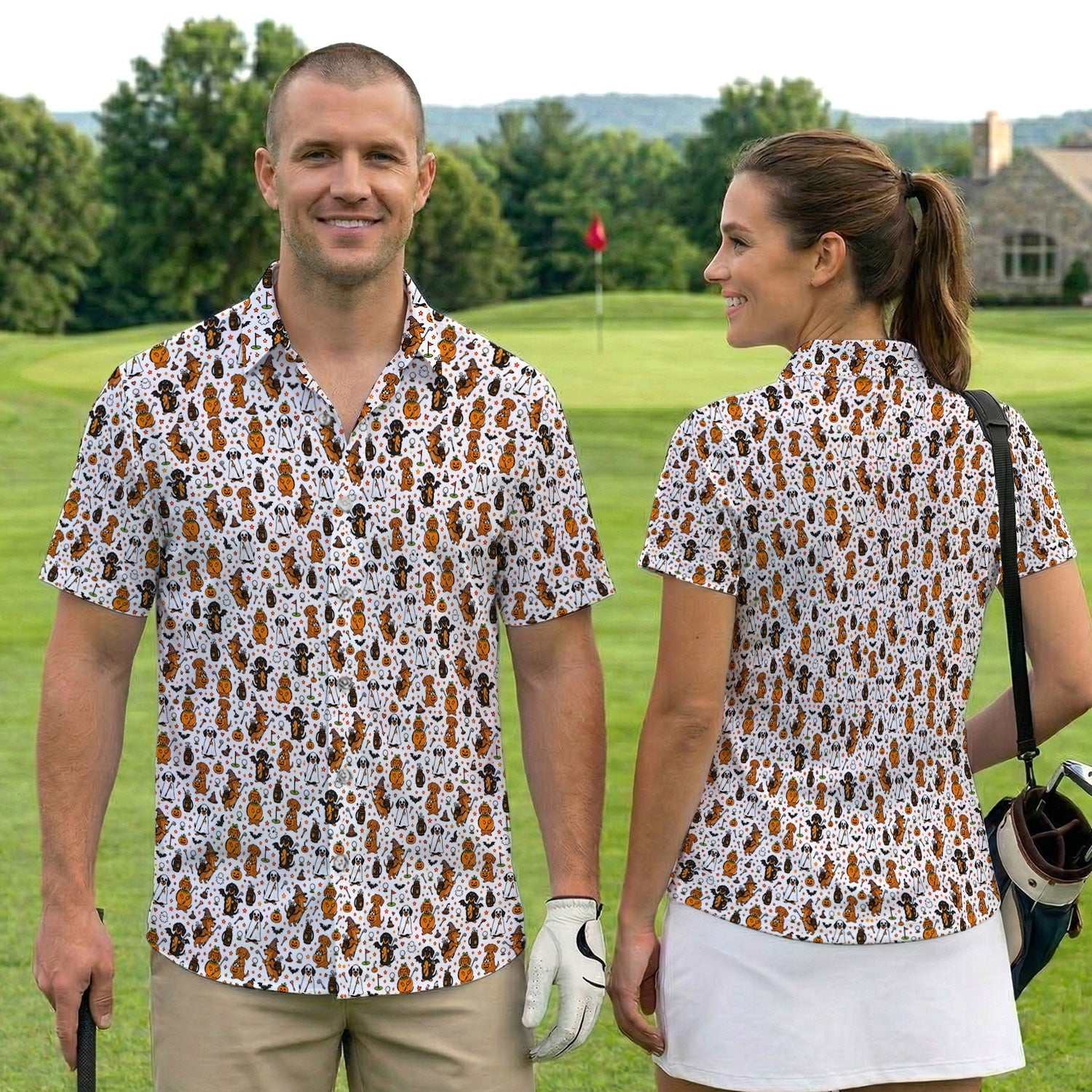 Halloween Dog Golf Polo Shirt for Men – Funny Spooky Golfer Pattern Polo