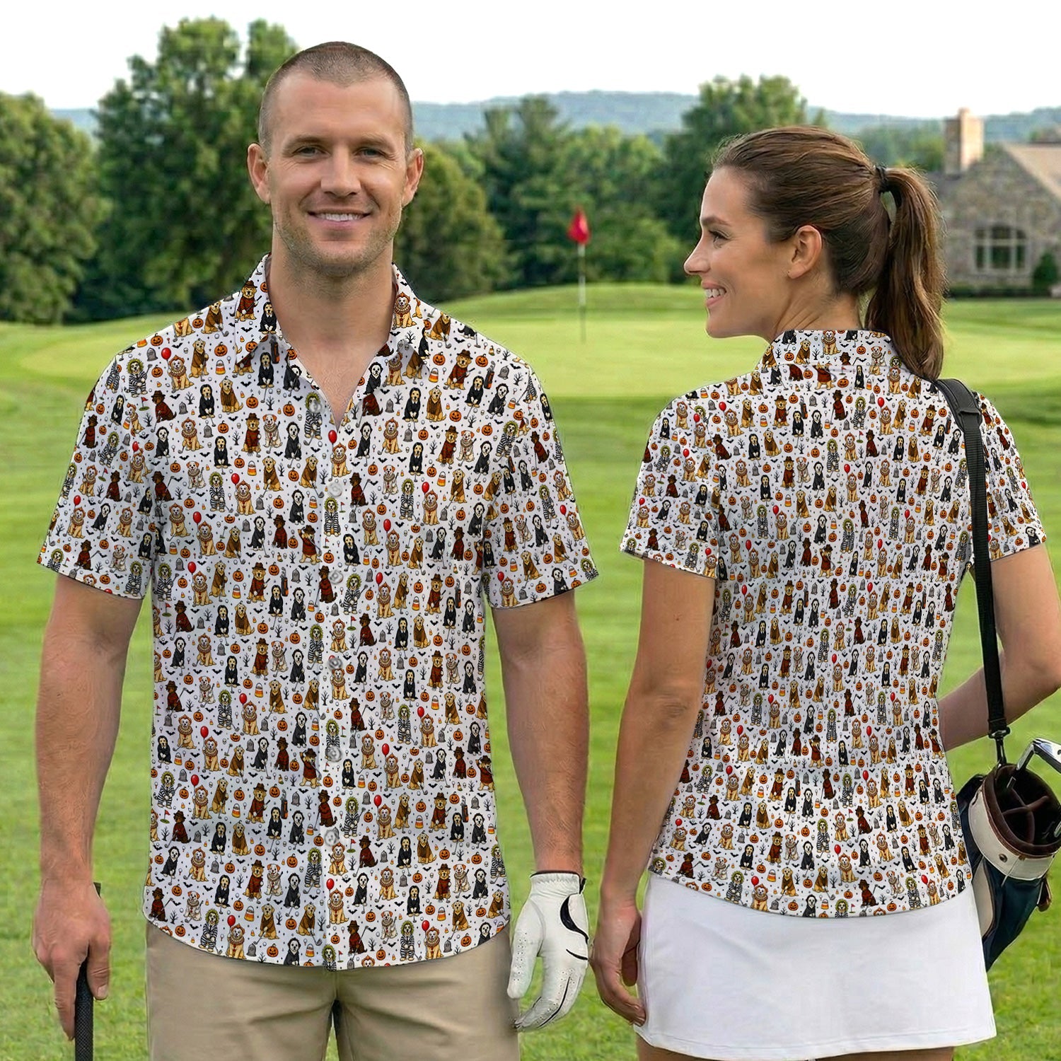 Funny Horror Dog Halloween Golf Pattern Shirt, Spooky Movie Dog Golf Shirt For Women, Halloween Golf Gift