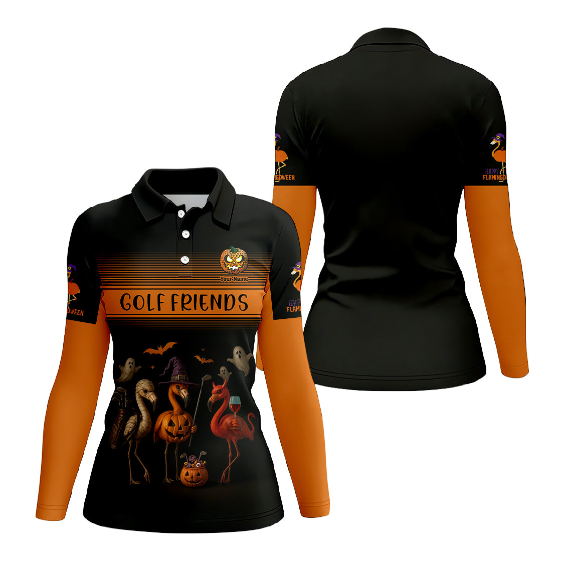 Custom Name Flamingo Golf Polos, Golf Friends Halloween Golf Shirts, Funny Golf Shirt For Golfers