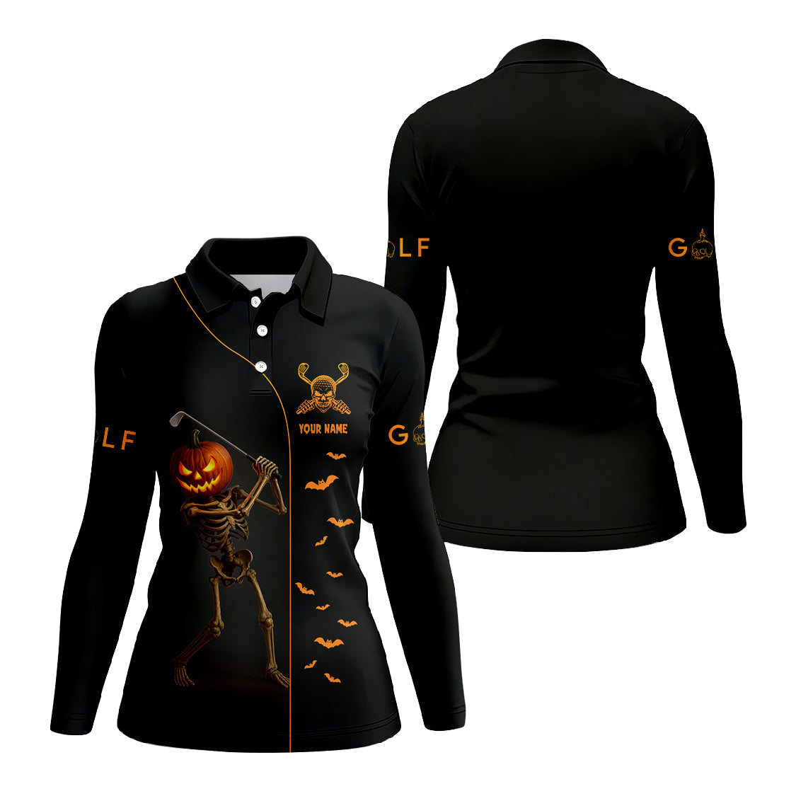 Custom Name Golf Polos, Halloween Skeleton Golf Shirt, Crazy Golf Shirts For Men's