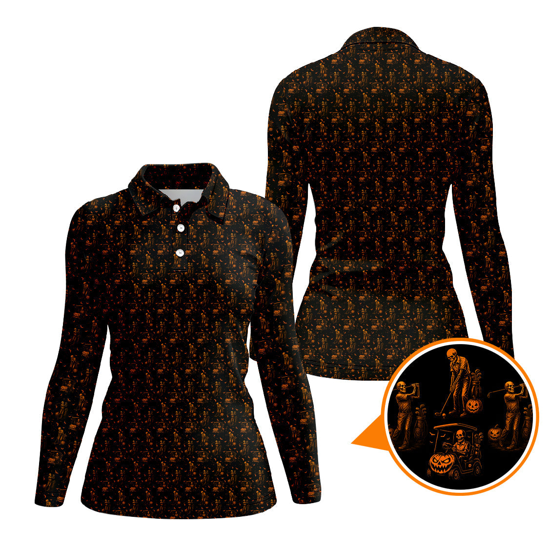 Halloween Skeleton Golf Shirt, Funny Pattern Golf Polos For Men, Spooky Golf Cart & Pumpkin Shirts
