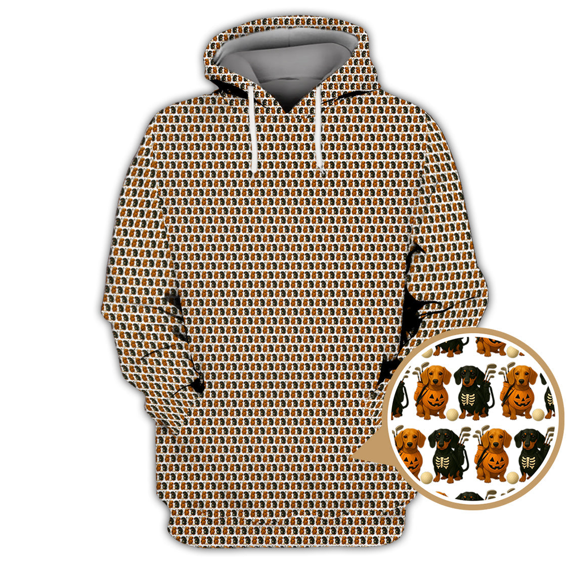Halloween Golf Shirt, Dachshund Pattern Golf Shirt With Pumpkin And Skeleton, Funny Golf Shirt For Golfer, Dog Golf Shirt