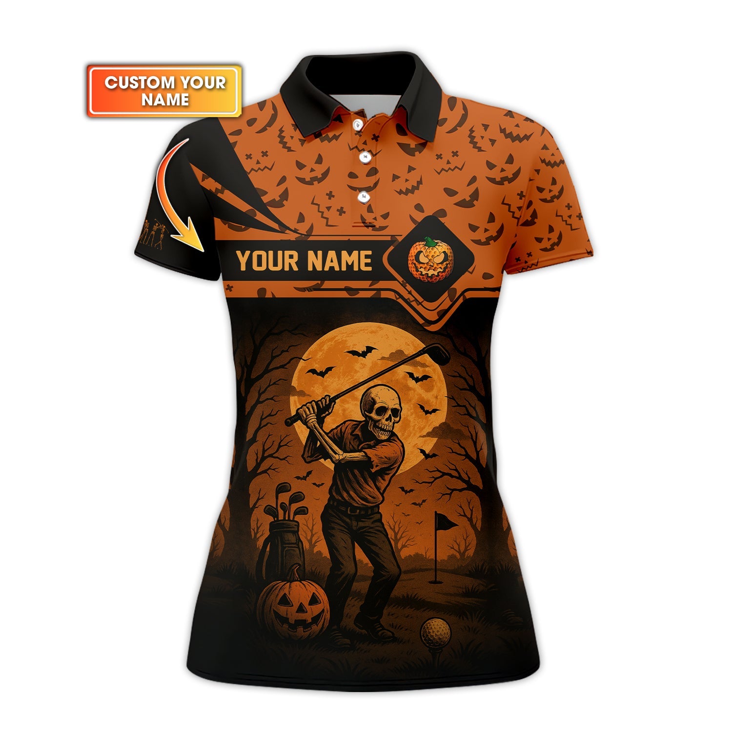 Personalized Name Halloween Skull Golf Shirt, Crazy Golf Shirts For Men's, Funny Golf Polos