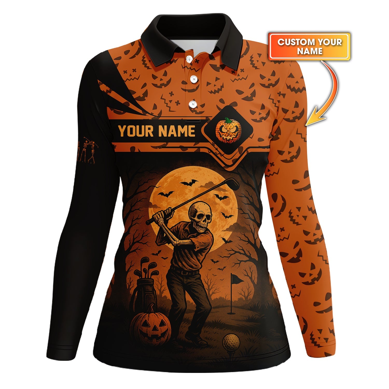 Personalized Name Halloween Skull Golf Shirt, Crazy Golf Shirts For Men's, Funny Golf Polos
