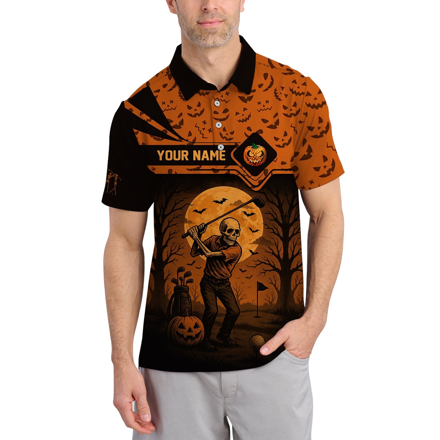 Personalized Name Halloween Skull Golf Shirt, Crazy Golf Shirts For Men's, Funny Golf Polos